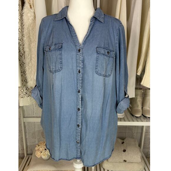 Intro Women's Size 2X Roll Tab Sleeve Medium Blue Chambray Blouse #0468 - Picture 1 of 12